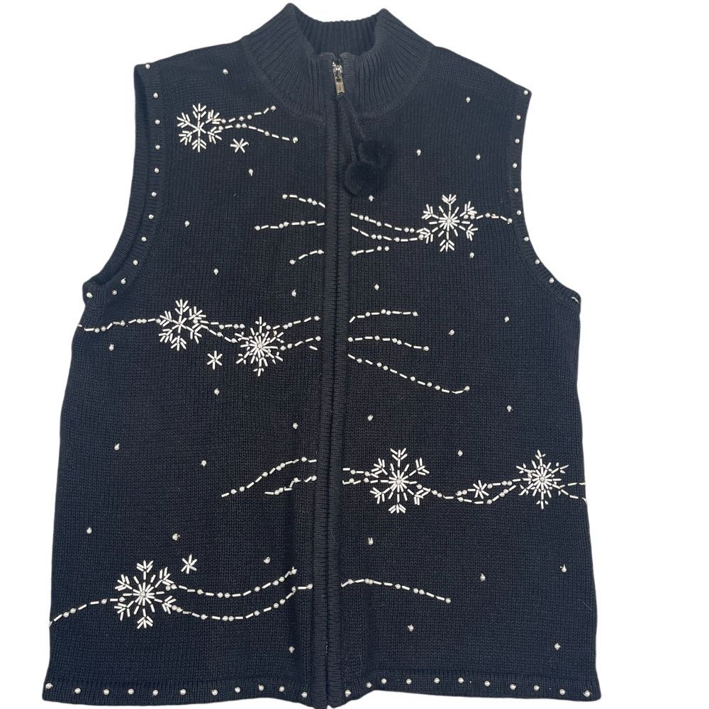 Festive‎ ERIKA beaded snowflake black zip sweater vest, Size Small, embroidered